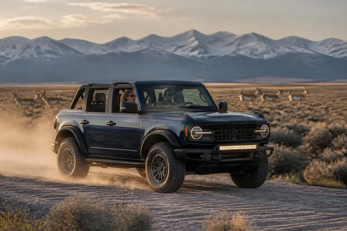 Off-roader bouncing over a washboard gravel road with a bumper light bar