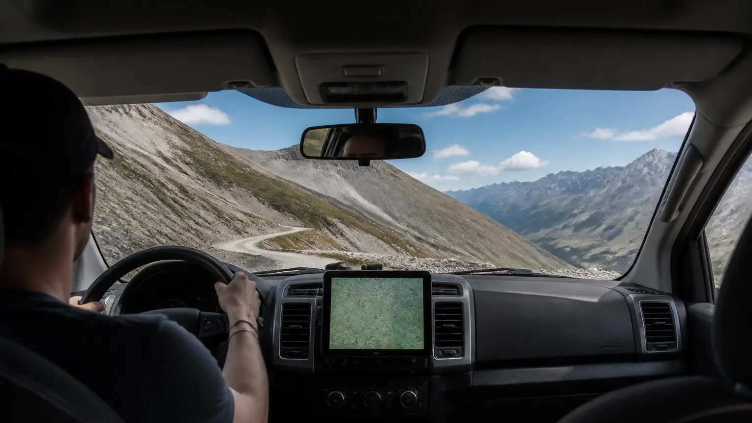 Dash-mounted tablet showing a topo map as a truck climbs a mountain pass