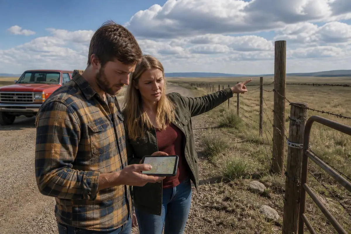 Couple checking land boundaries on a phone at a fence line