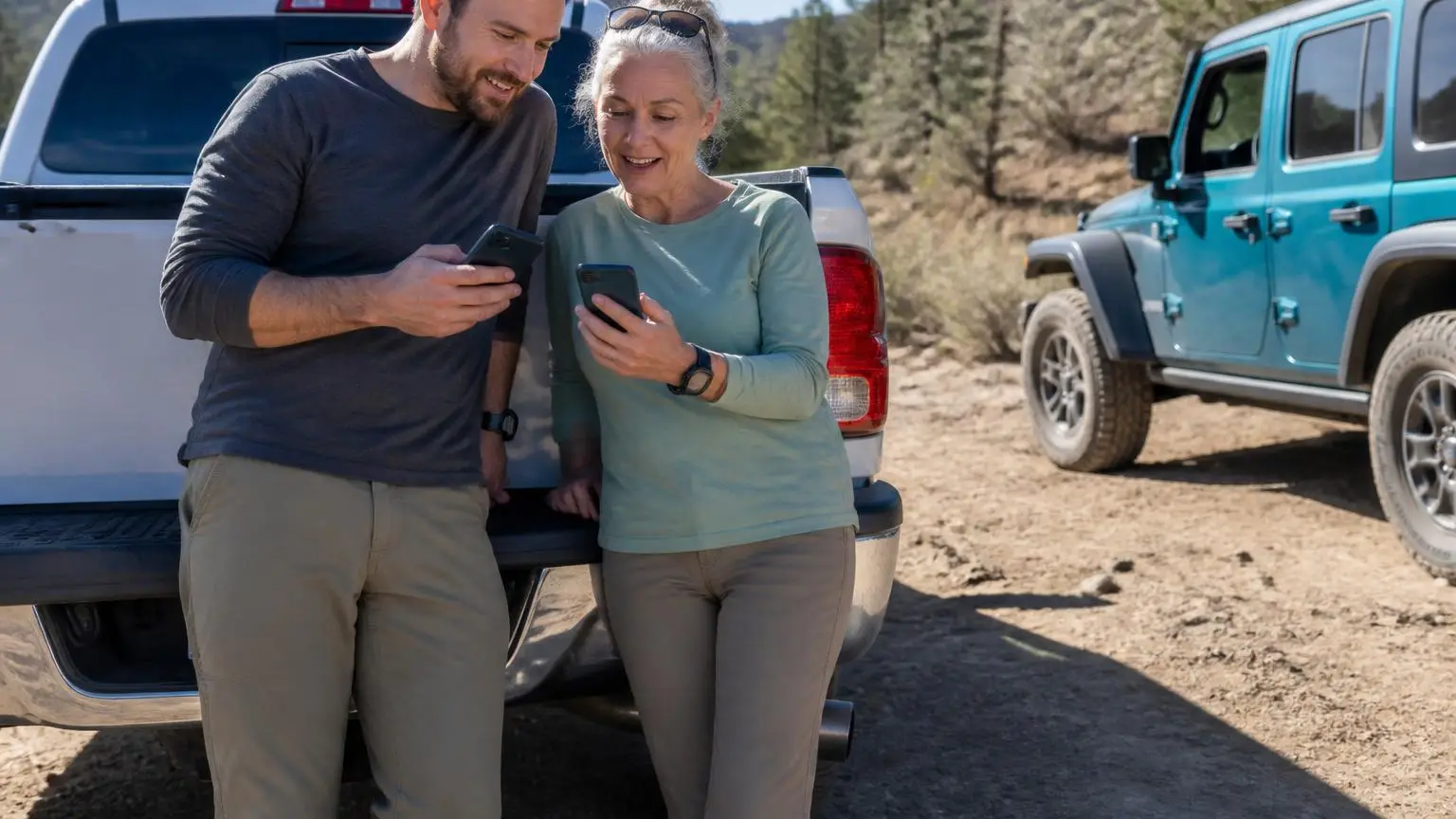 Two friends comparing phone maps beside their different vehicles