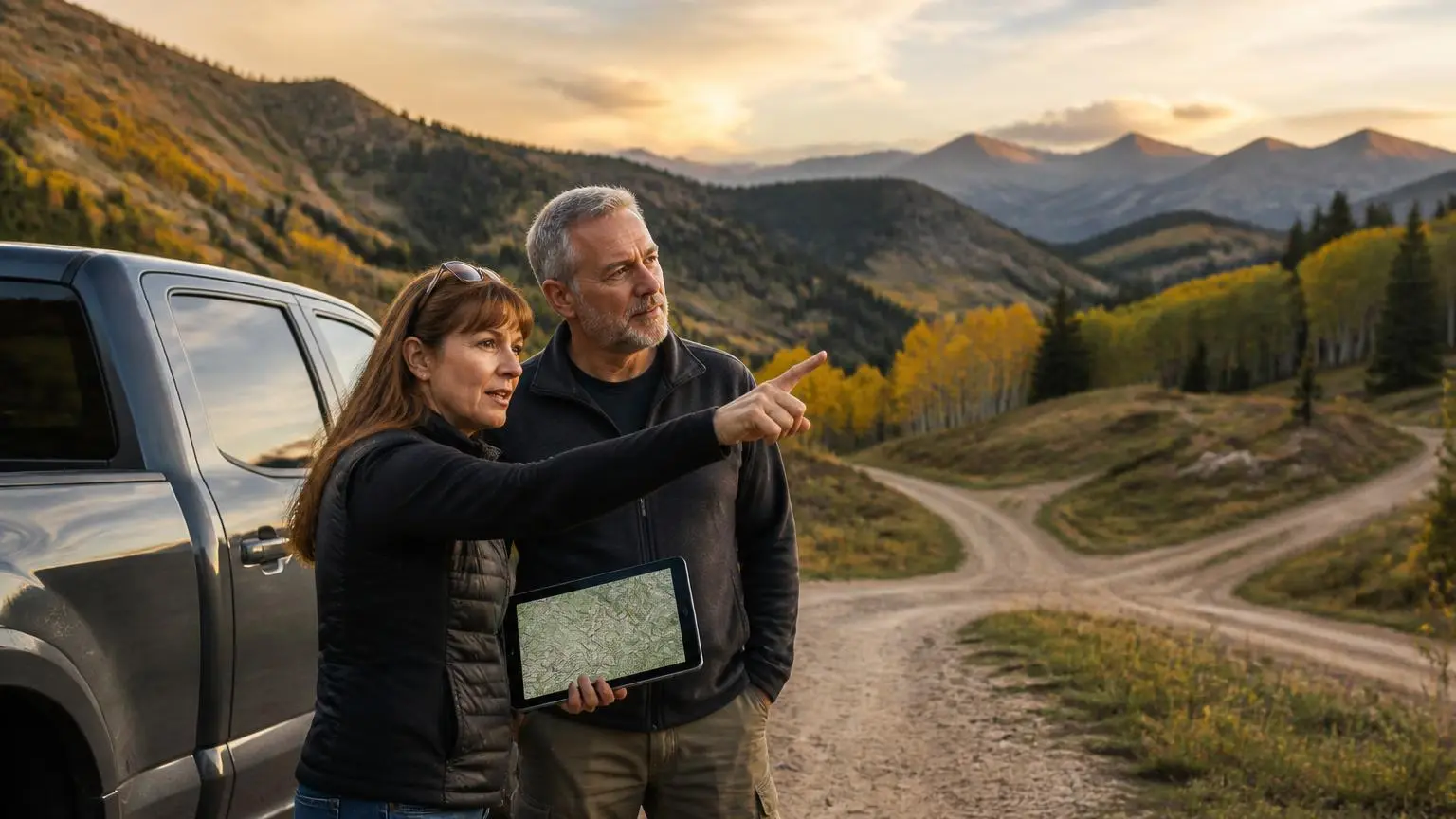 Driver and passenger studying the route beside a pickup at a mountain junction