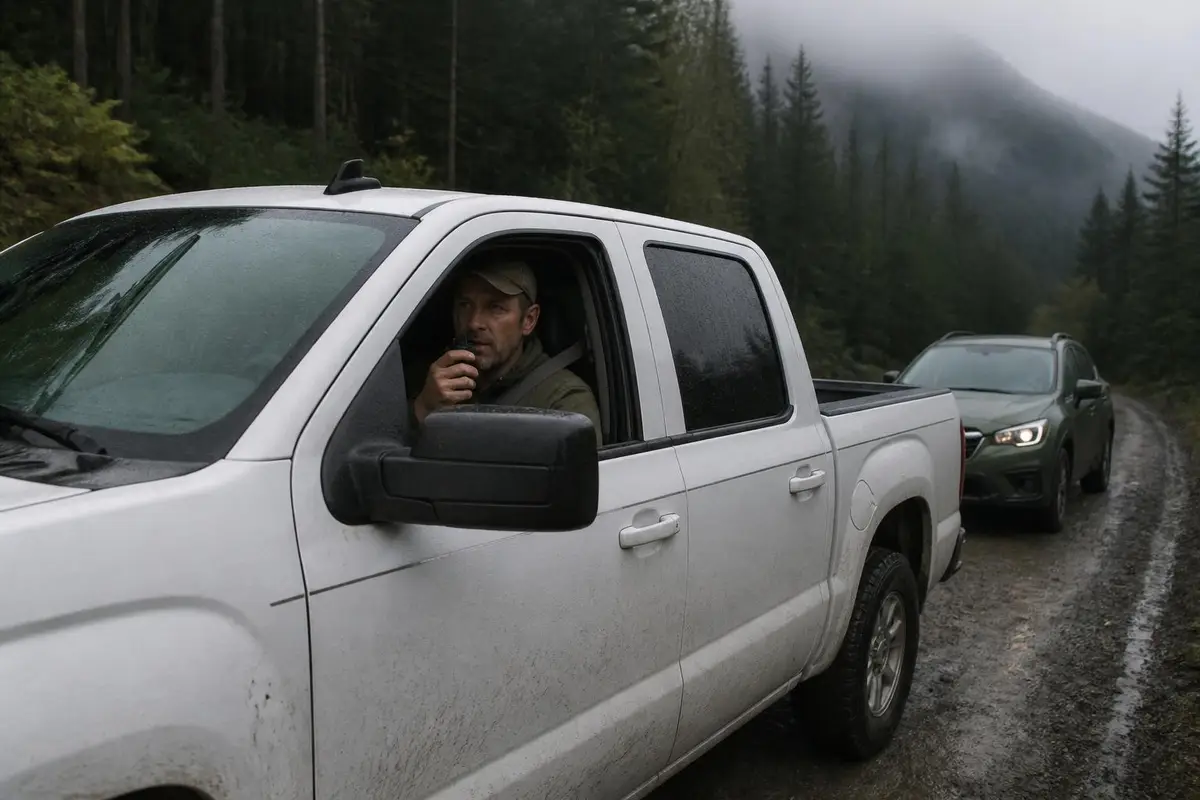 Two vehicles on a trail with drivers speaking on handheld radios