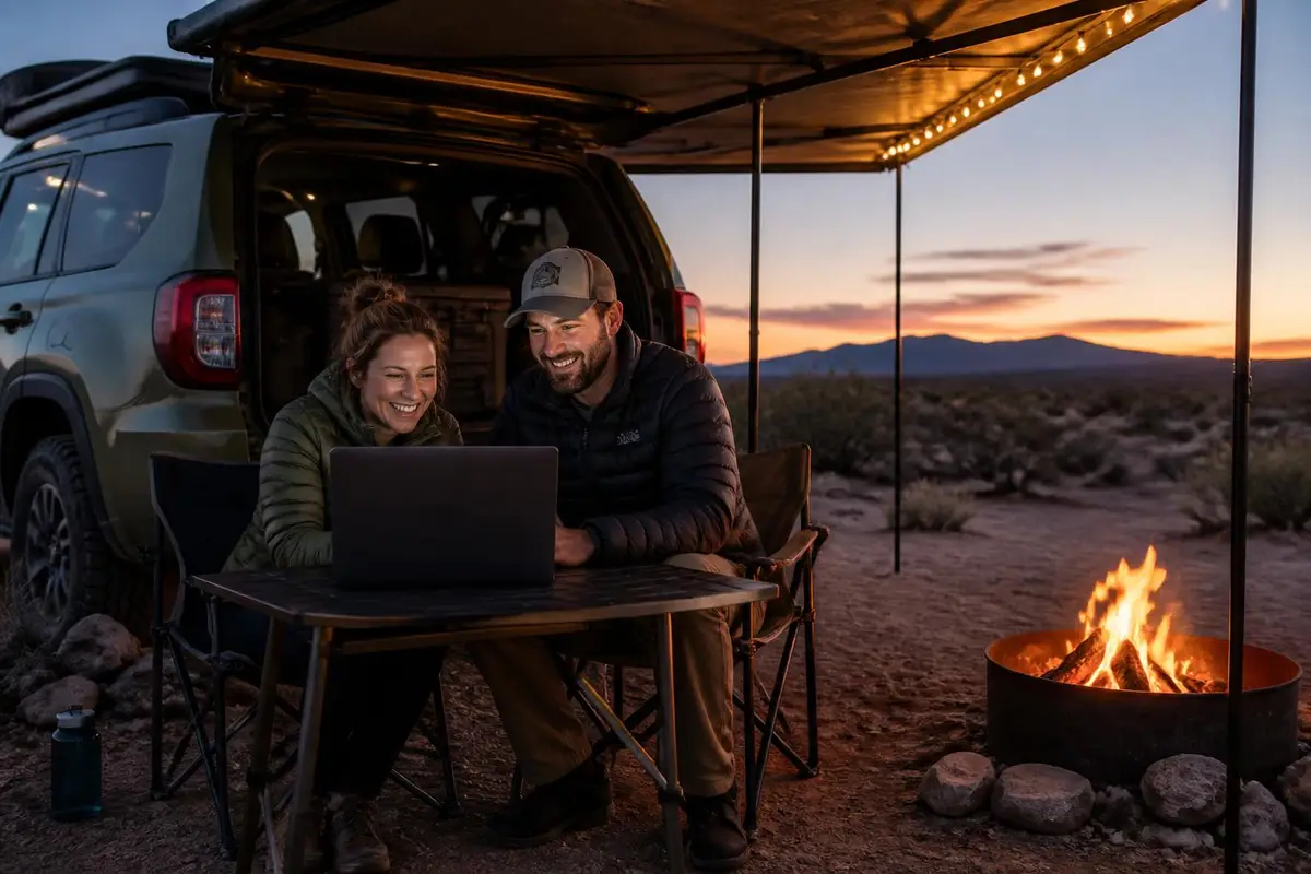 Evening camp with a dash camera being reviewed on a laptop