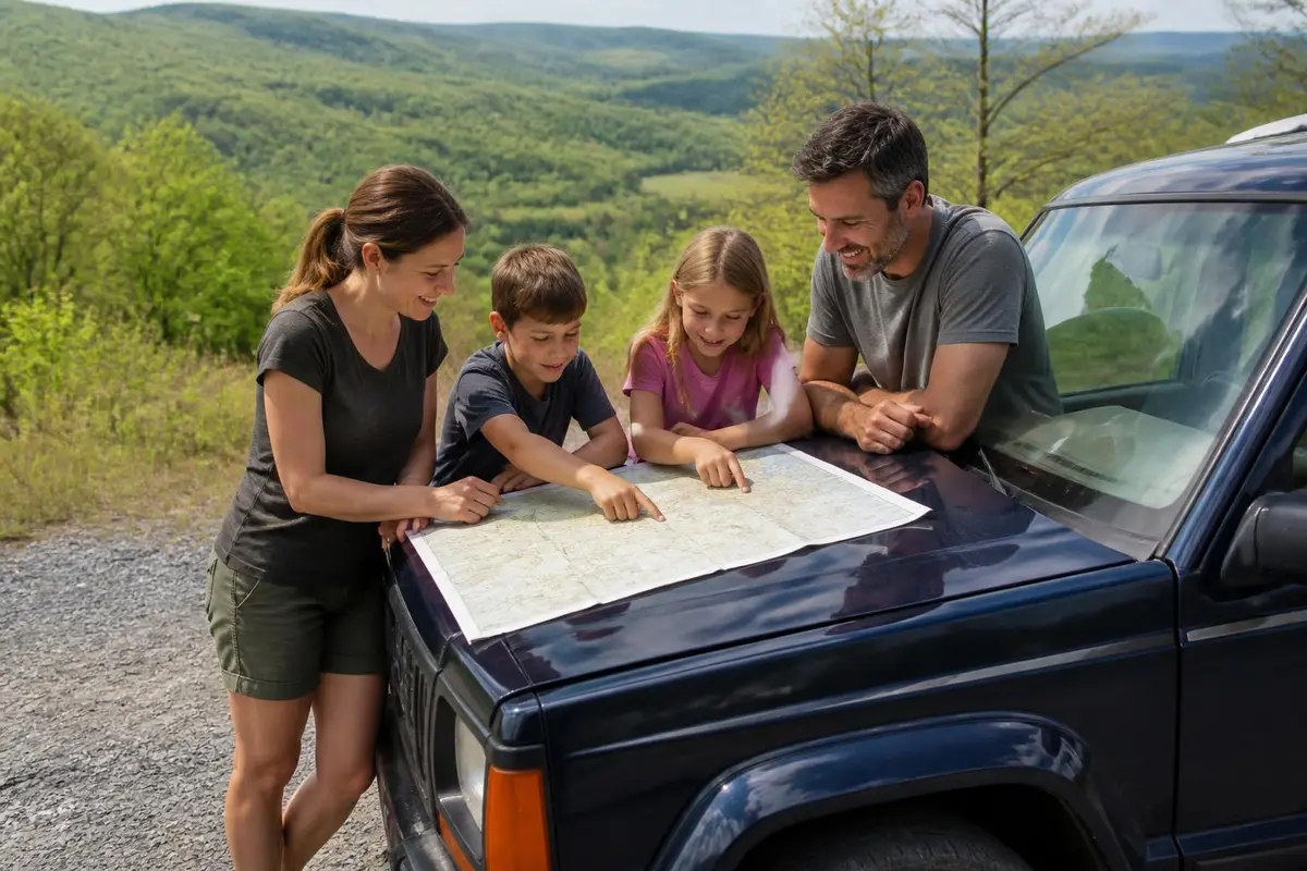 Family comparing routes on a paper map spread on the hood