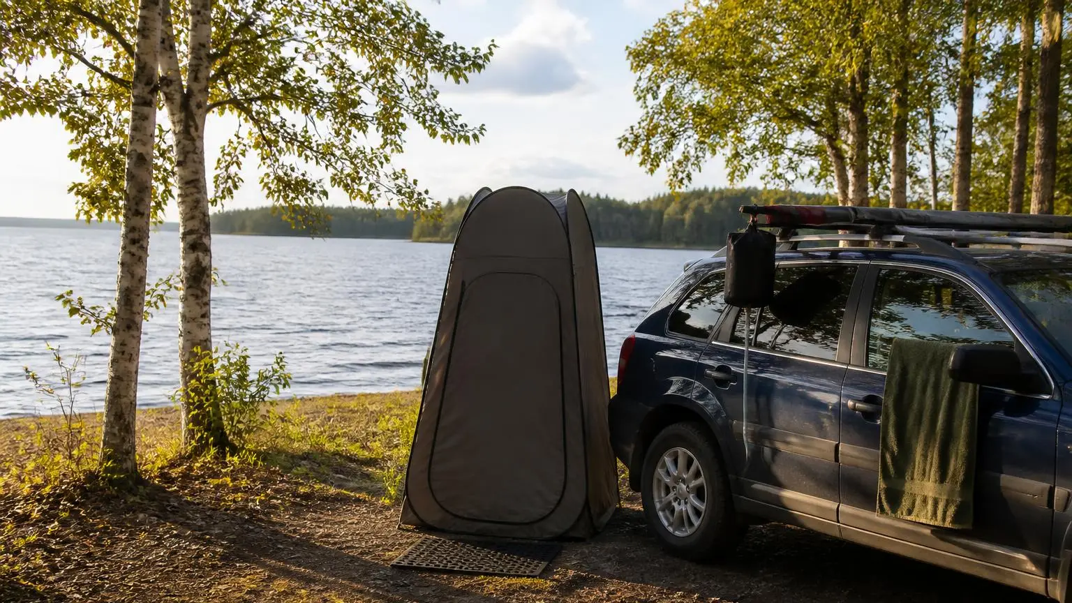 Portable camp shower with privacy tent at a lakeside camp