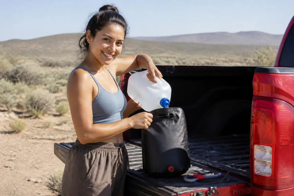 Owner filling a portable shower bag from a jug at the tailgate