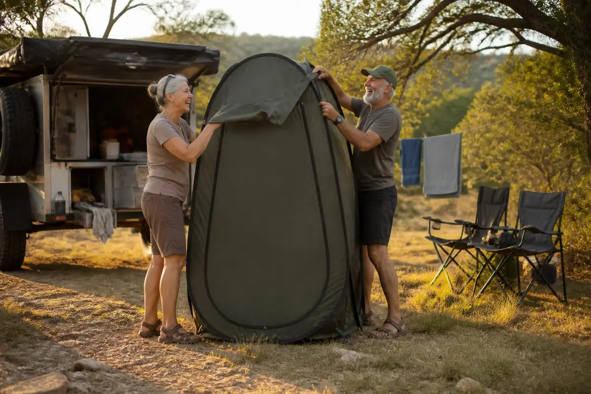Couple setting up a privacy tent beside their trailer