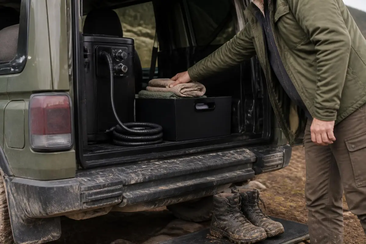 Heated camp shower unit stored in a vehicle's rear cargo area