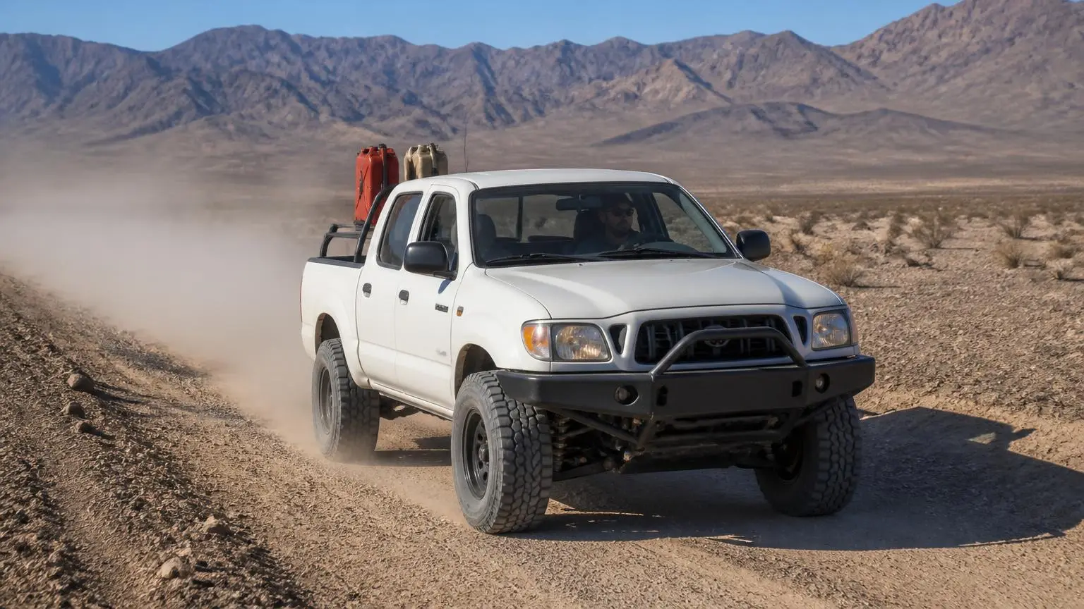 Pickup with jerry cans mounted on its bed rack crossing an empty desert
