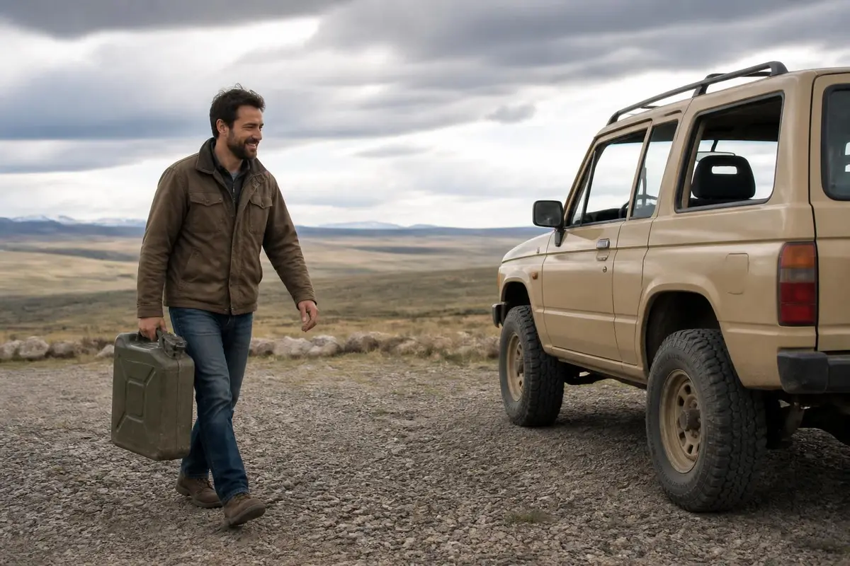 Man carrying a jerry can across a gravel pullout
