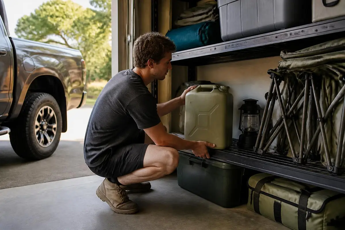 Jerry cans stored on a garage shelf beside camping gear