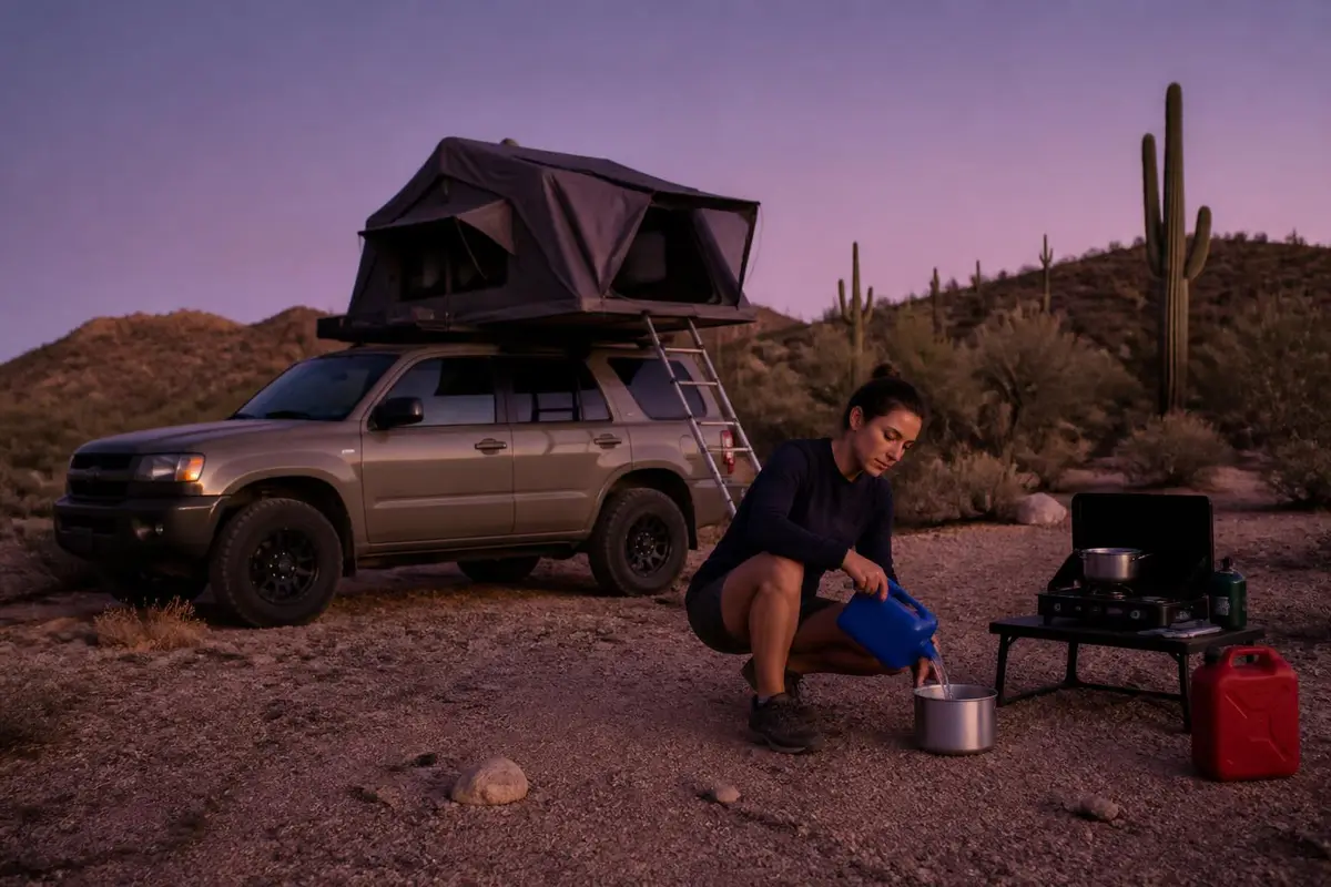 Colour-coded water and fuel cans at a desert camp