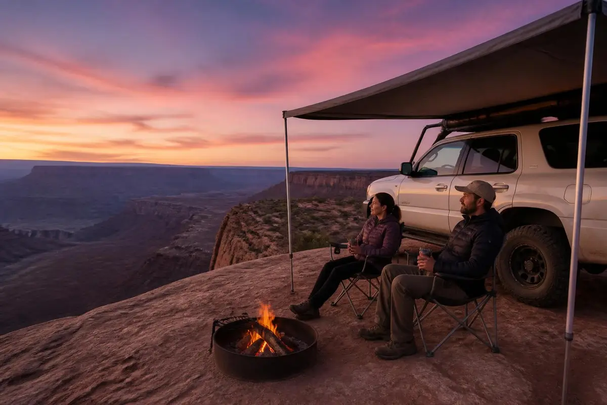 Illustrative: camp on a mesa rim in the Southwest desert