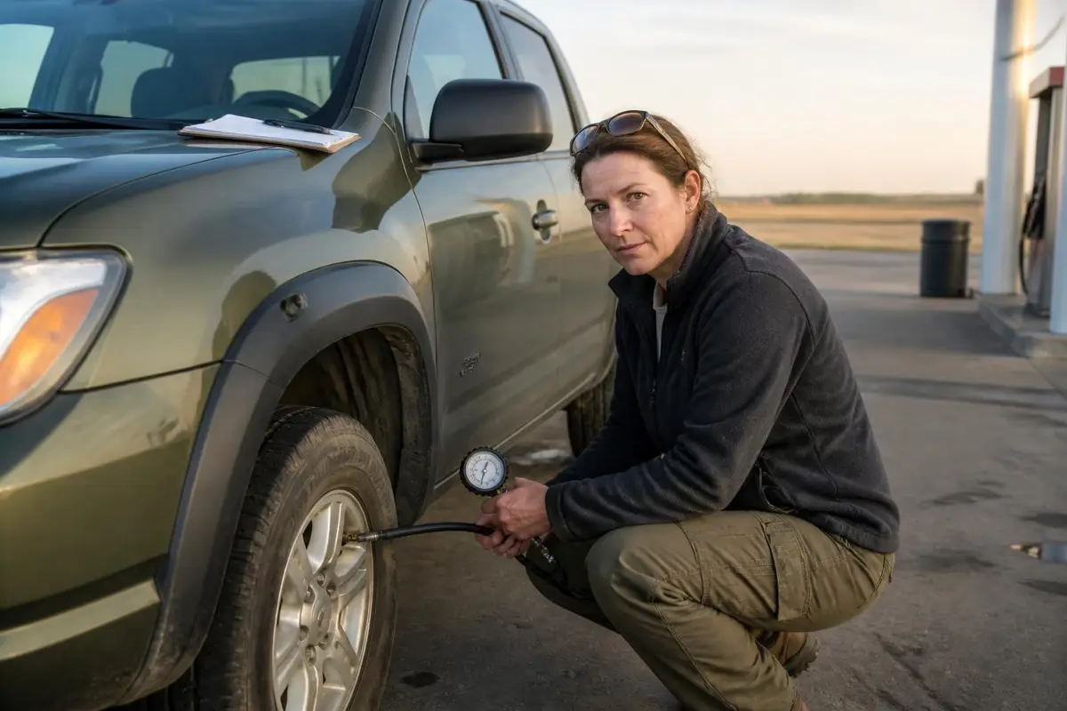 Illustrative: overlander checking tire pressure before a long route