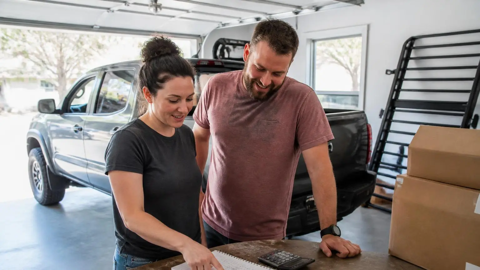 Couple planning a truck build with parts laid out in a garage