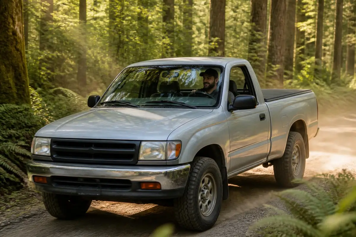 Modestly built pickup on a forest trail