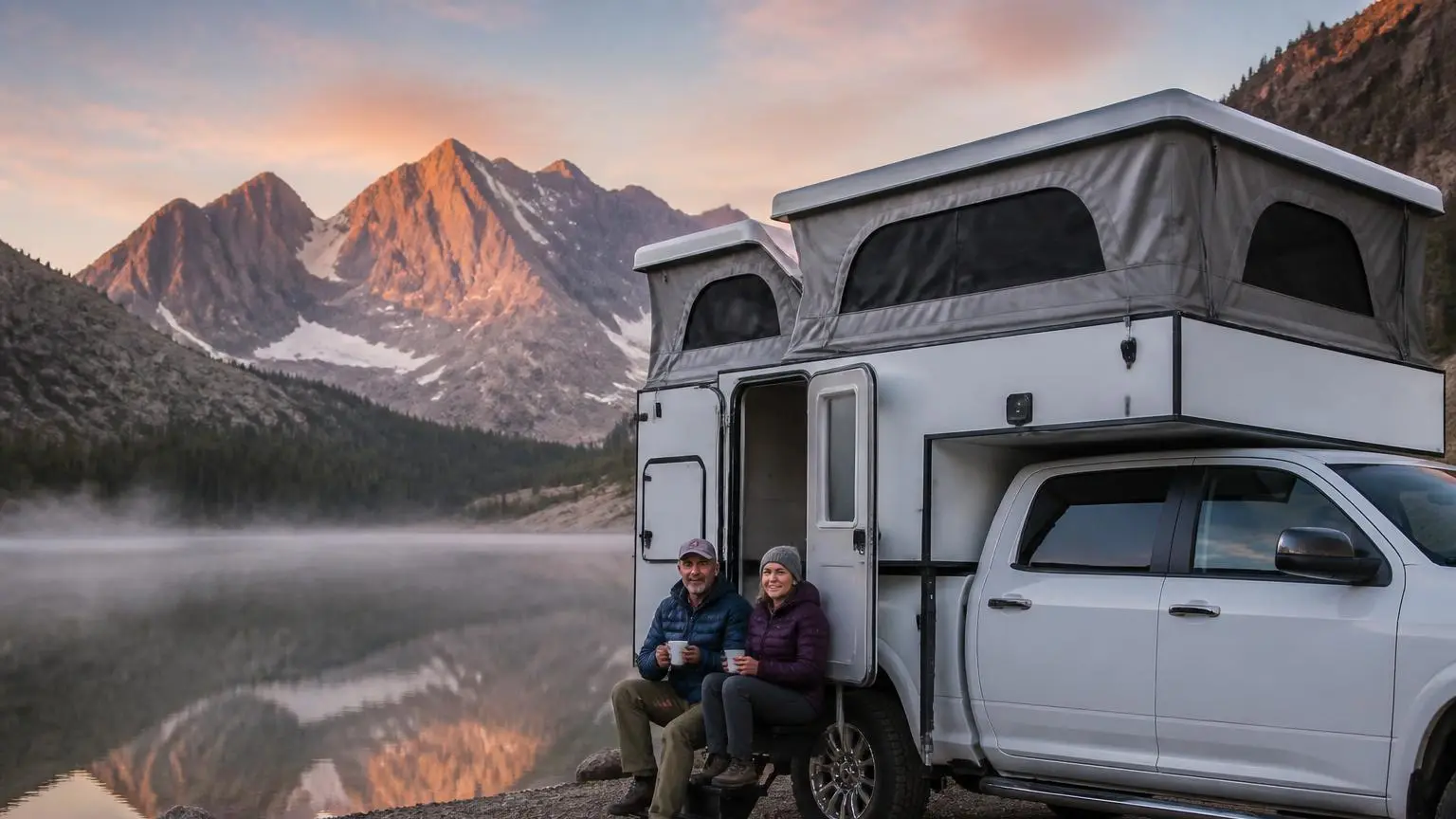 Pop-up truck camper raised on a pickup at a mountain lake