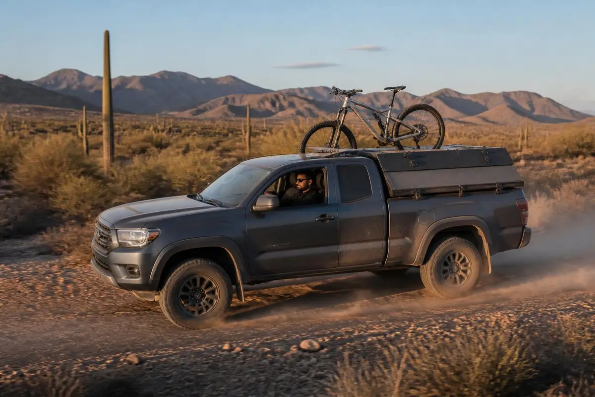 Pickup with a platform topper driving a desert road