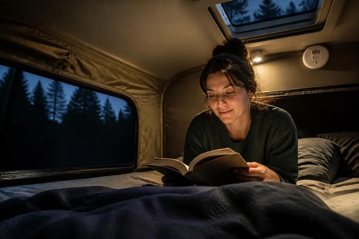 Inside a pop-up camper with a window cracked open for ventilation