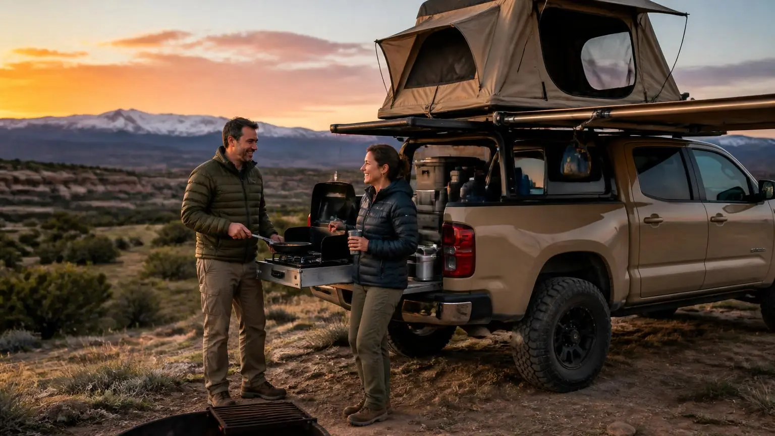 Fully set-up overland camp with awning and kitchen at golden hour
