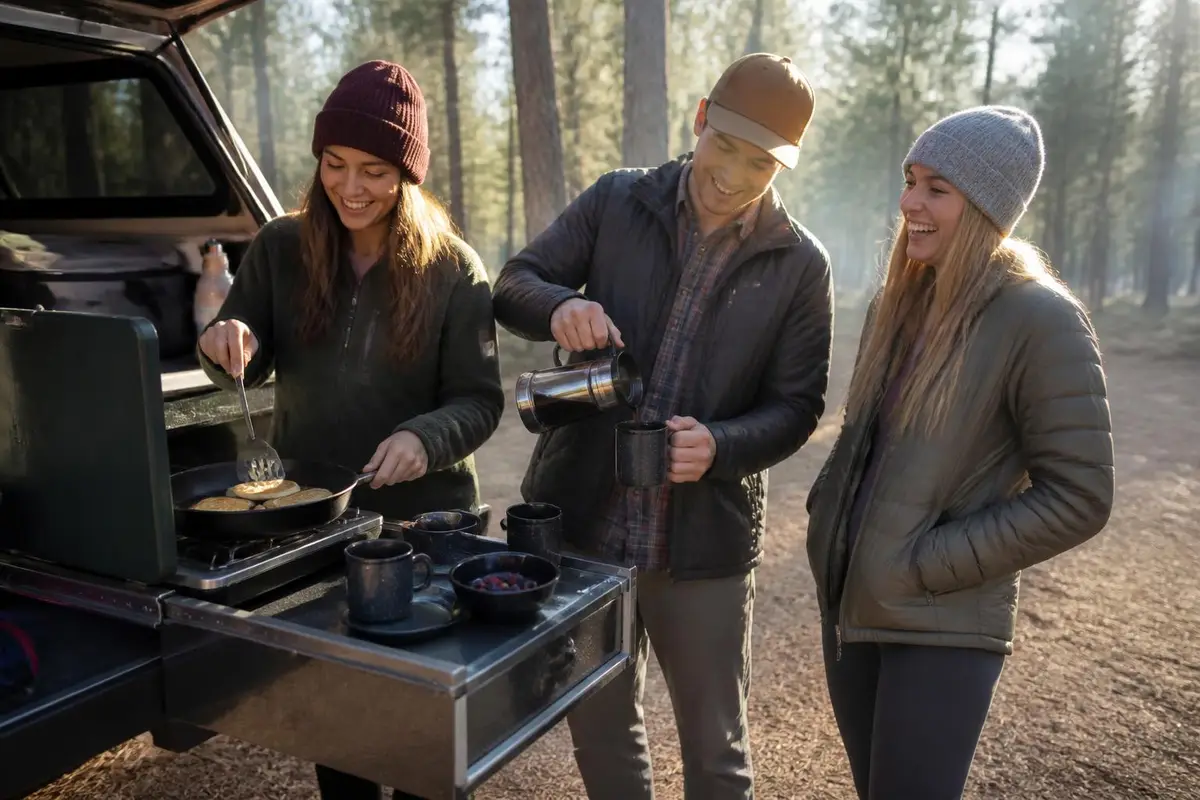 Friends cooking together at a slide-out camp kitchen