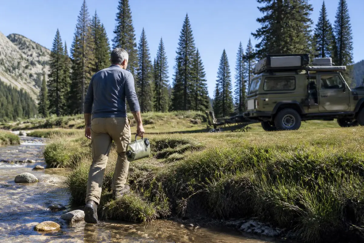 Man carrying water containers from a stream to a camp