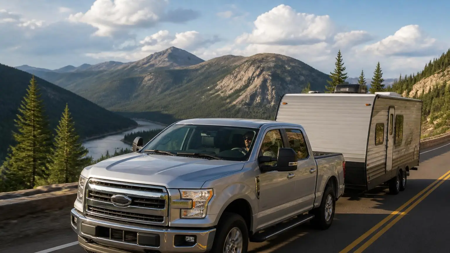 Full-size pickup towing a travel trailer on a mountain highway