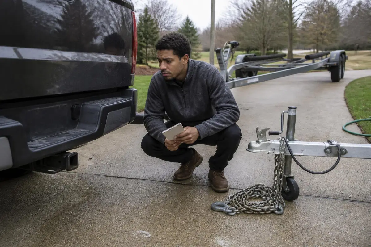 Man reading the trailer hitch and axle labels under a pickup