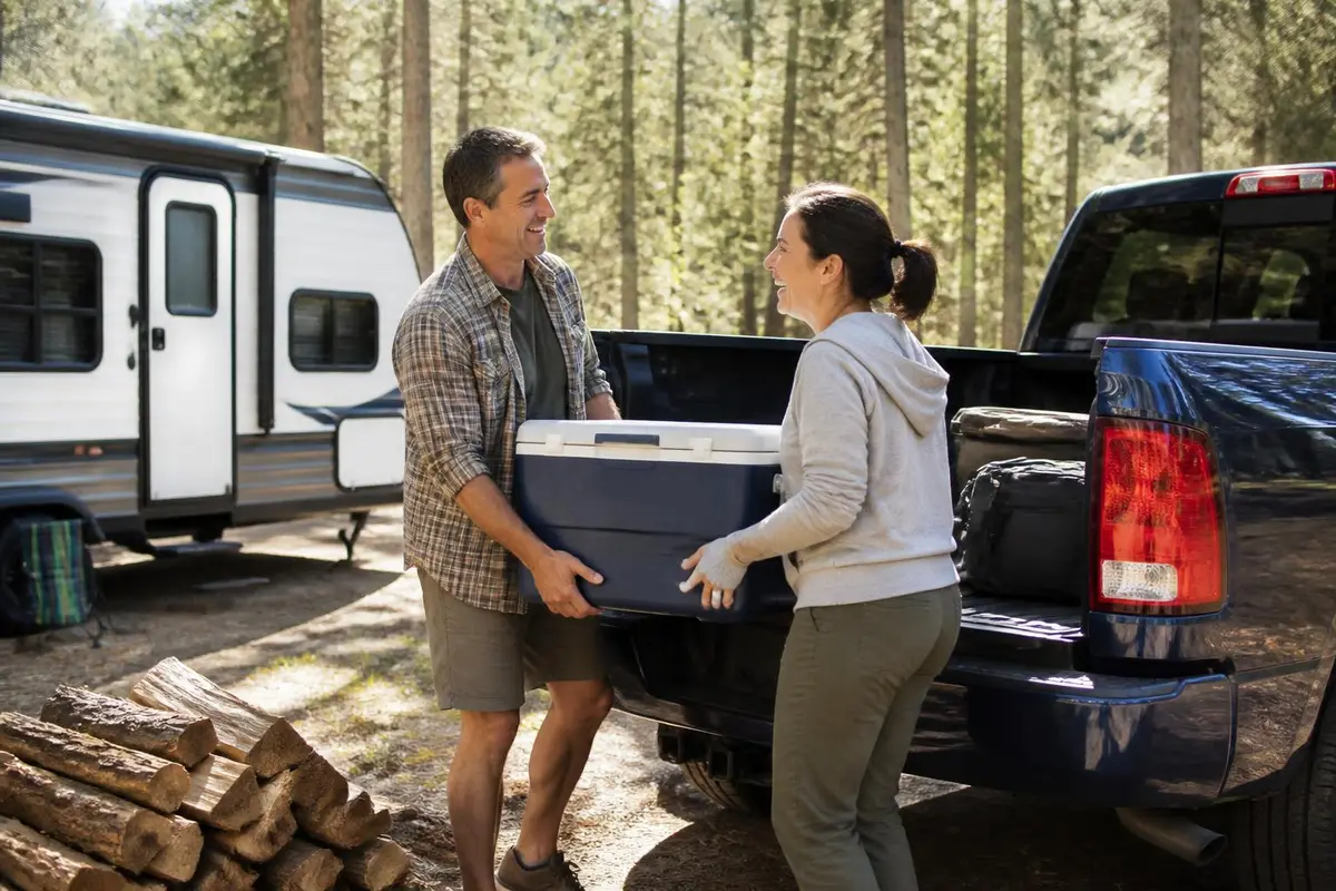Couple loading heavy gear into a pickup bed before towing