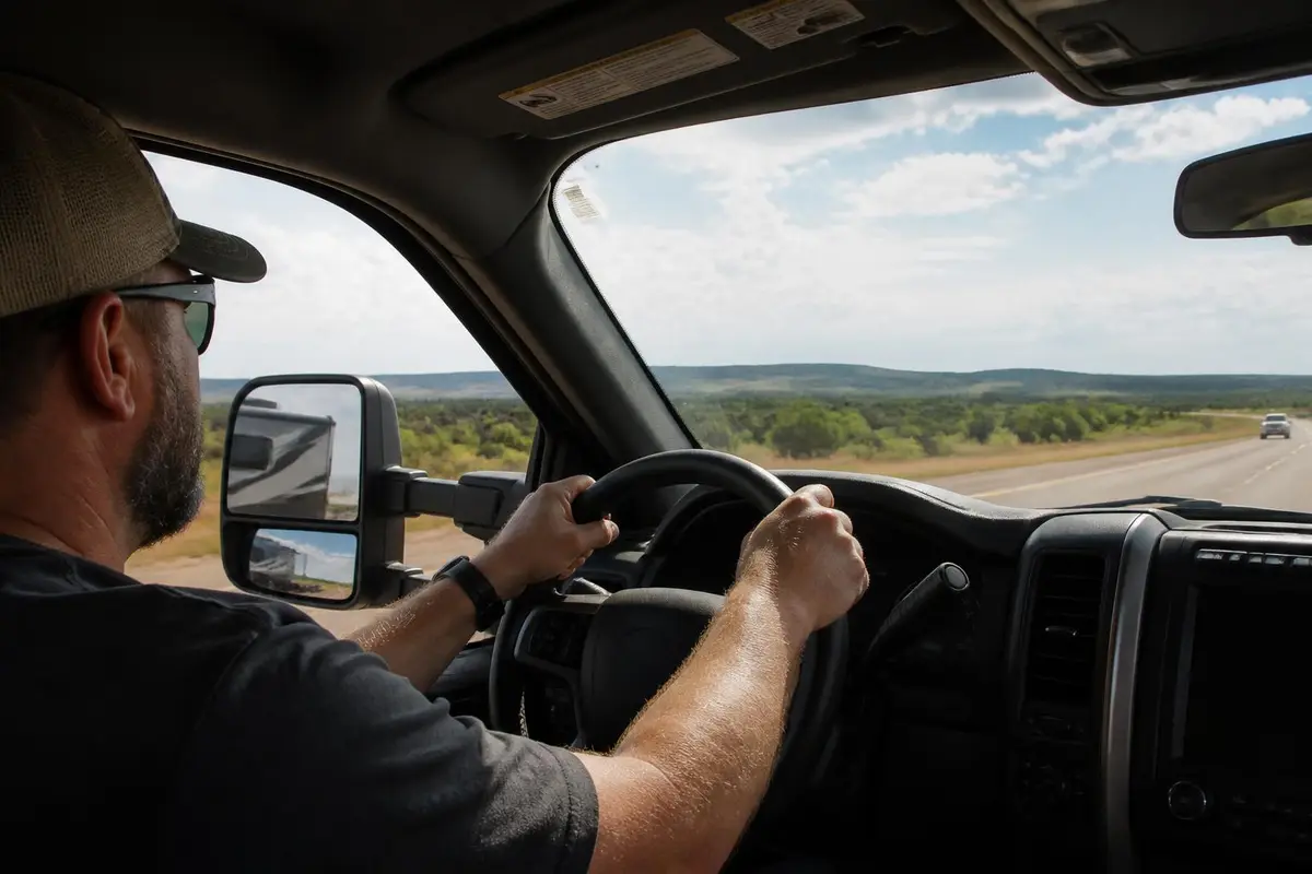 Heavy-duty diesel pickup cab view while towing a large trailer