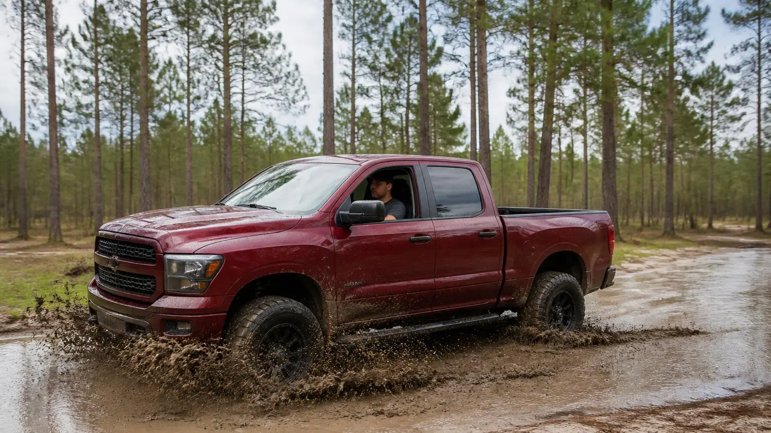 Full-size pickup throwing mud on a forest trail