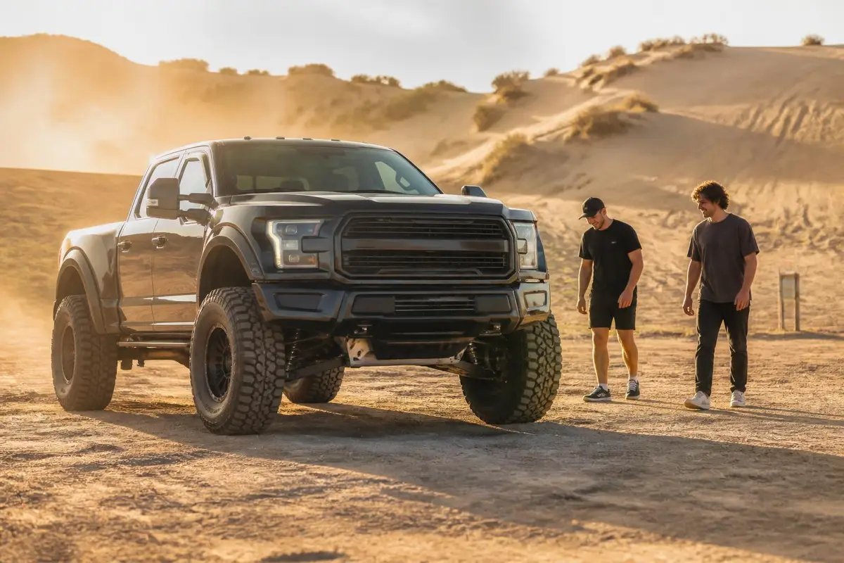 Wide-track performance pickup viewed by admirers at a desert trailhead