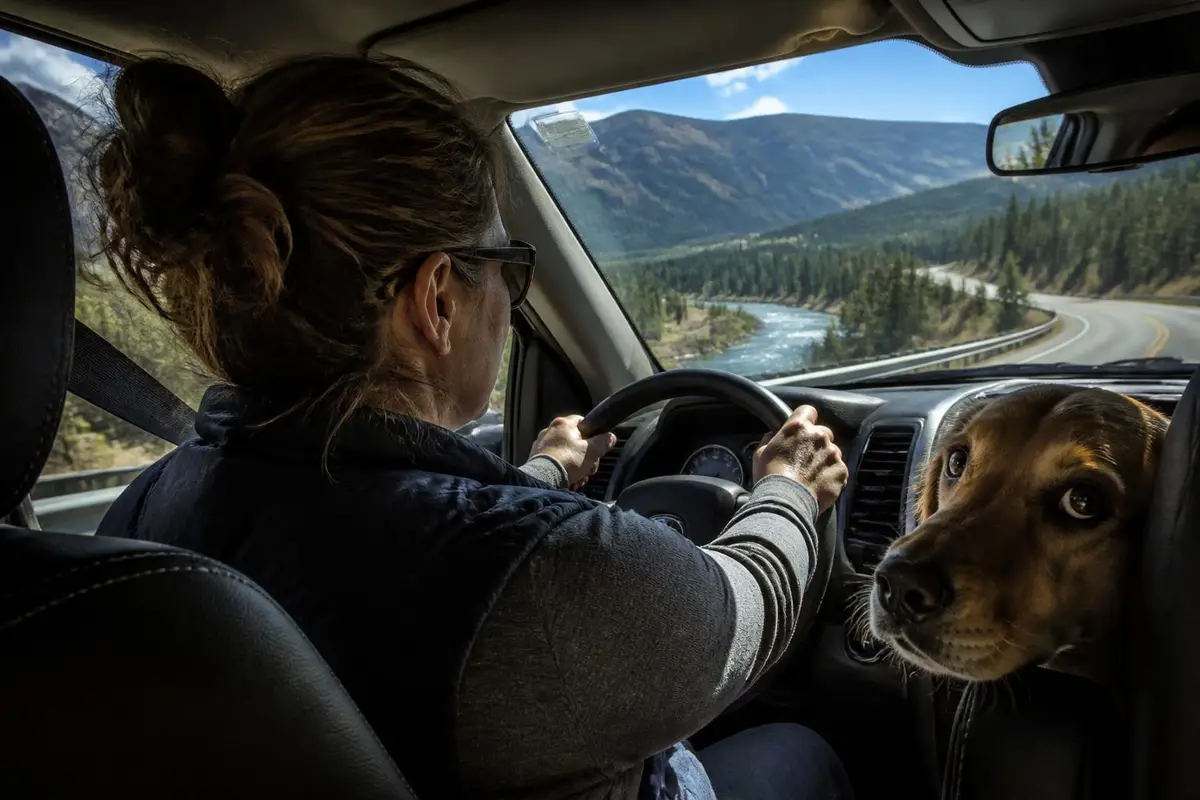 Driver's hands on the wheel of a full-size pickup on a mountain highway