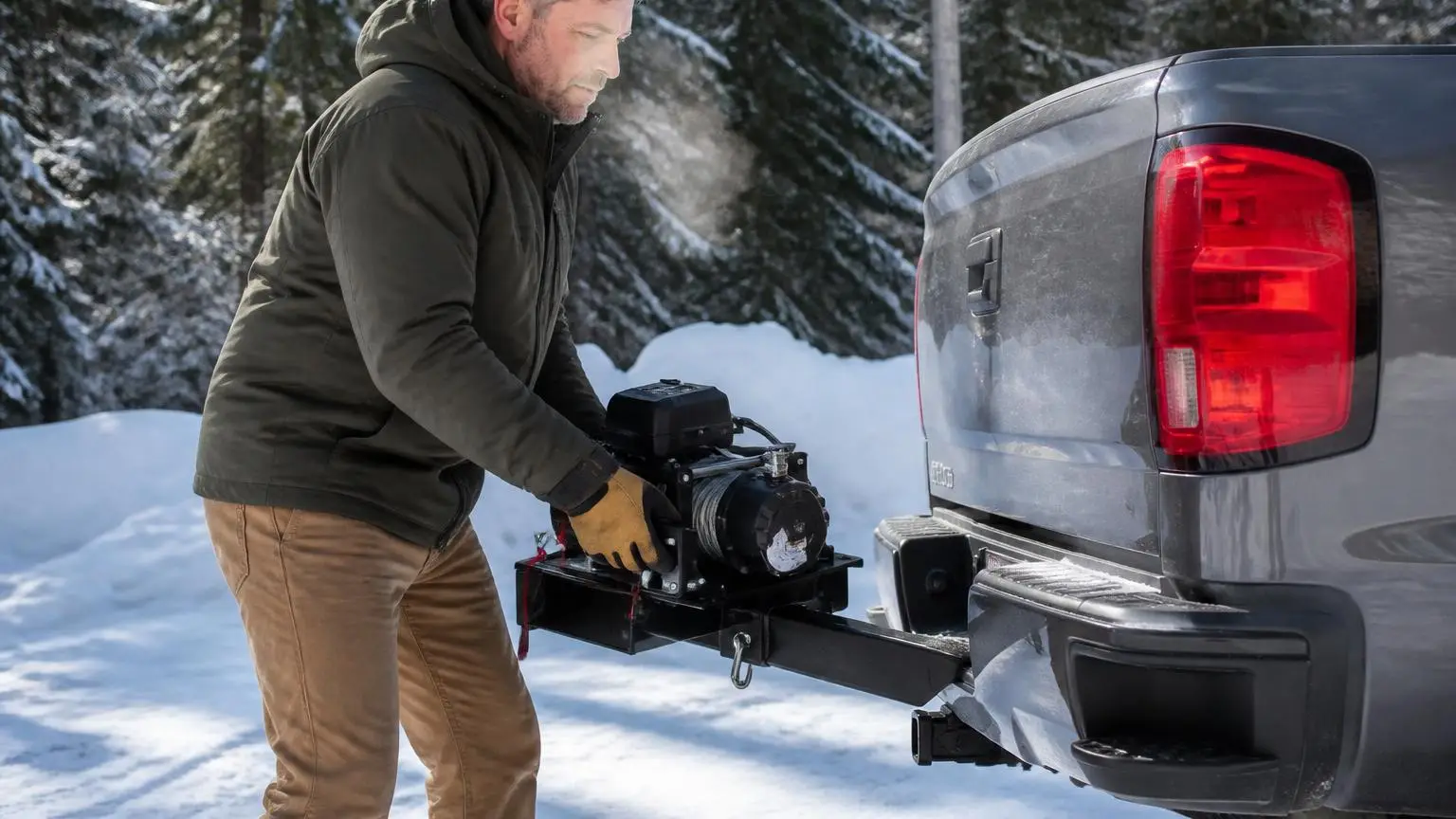 Man sliding a portable winch cradle into a rear receiver hitch