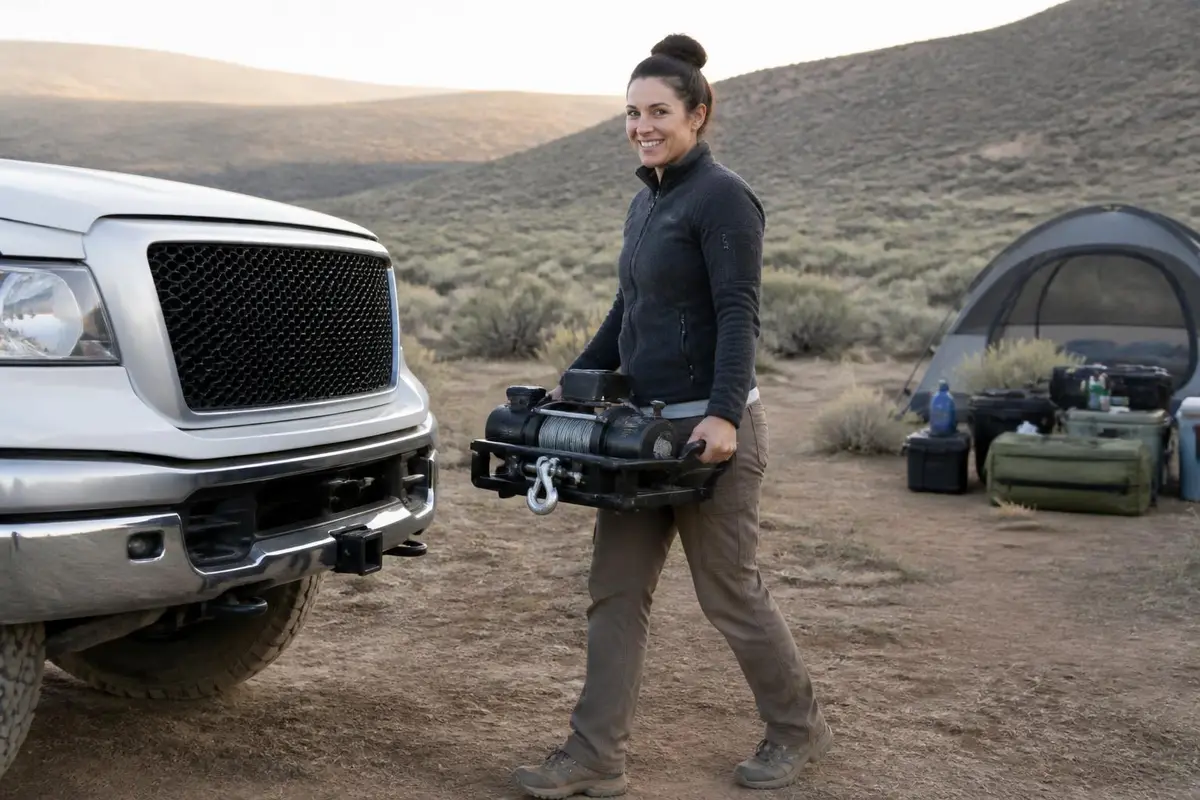 Owner carrying a portable winch cradle to the front of a truck
