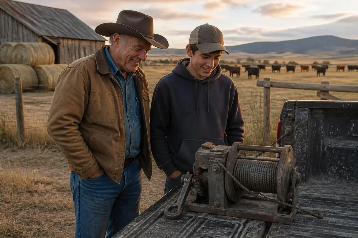 Farmer and teenage son discussing a hitch winch beside a ranch truck