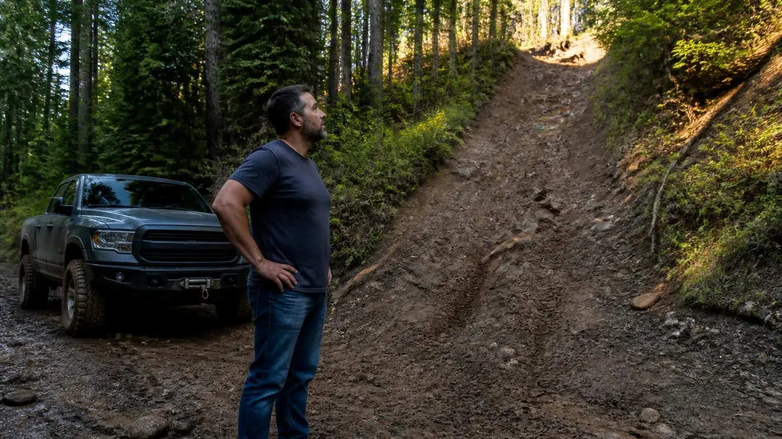 Solo driver scouting a steep muddy climb ahead of his winch-equipped truck