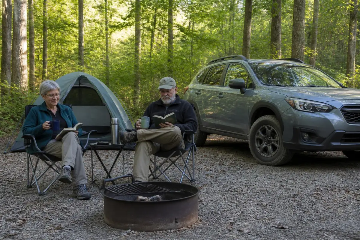 Couple camping on an easy gravel road where a winch isn't needed