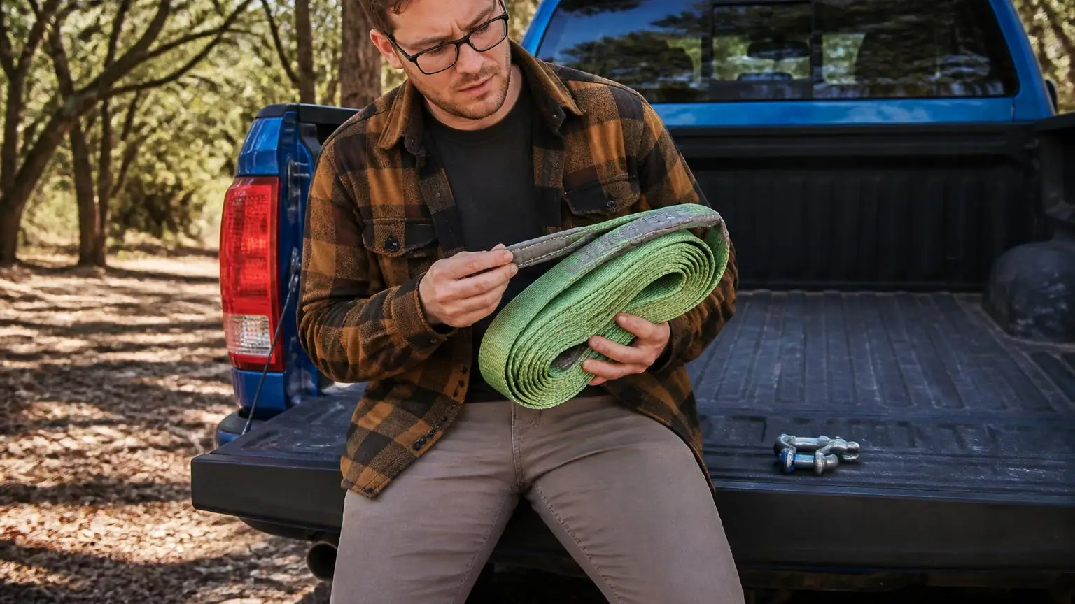 Man checking the rated label on a recovery strap at a tailgate