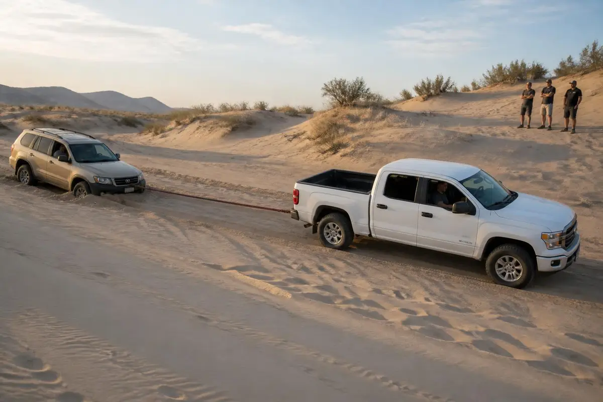 Two-vehicle kinetic recovery on a sandy trail
