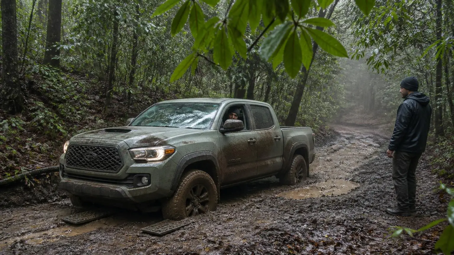 Pickup stuck in mud with traction boards under the tires