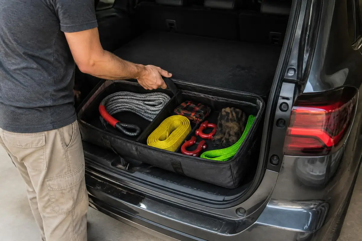 Organized recovery kit bag in the rear of an SUV
