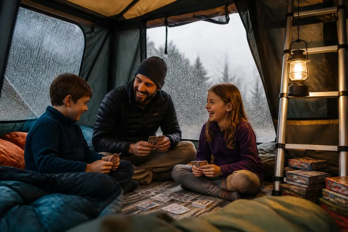 Kids playing cards inside a rooftop tent annex