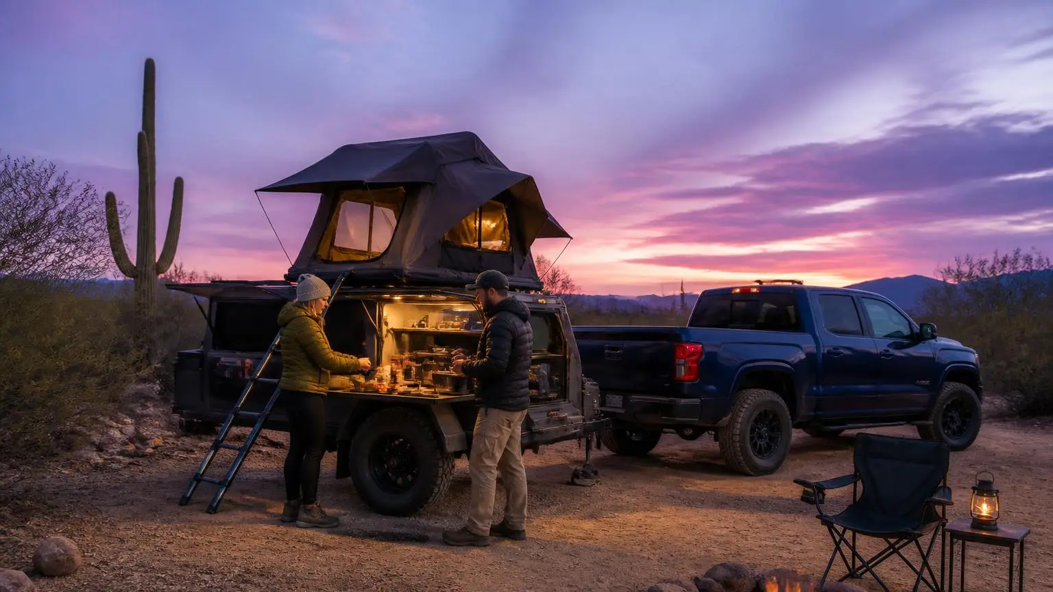 Overland trailer with a rooftop tent at a desert camp