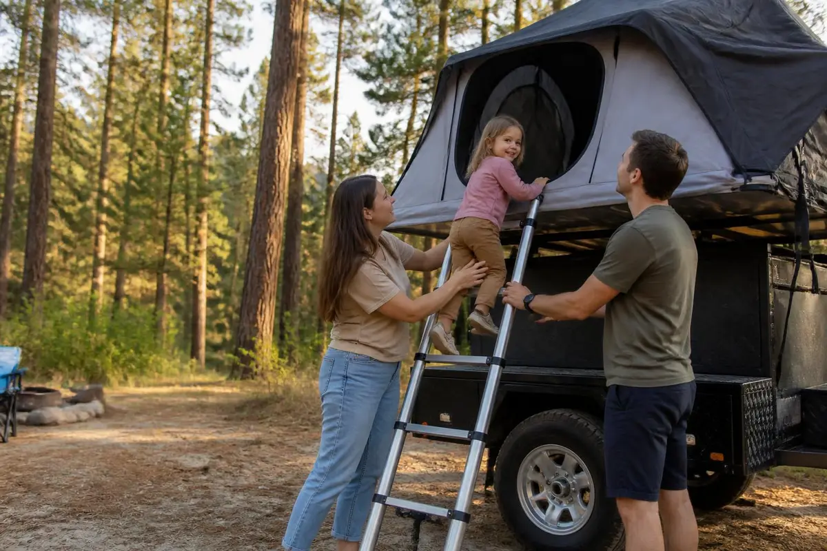 Family climbing a ladder into a trailer-mounted rooftop tent