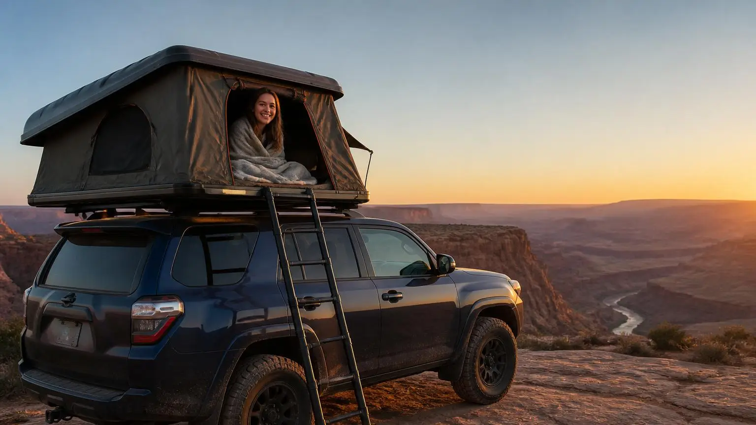 Hard-shell rooftop tent open on an SUV at a canyon rim at sunrise