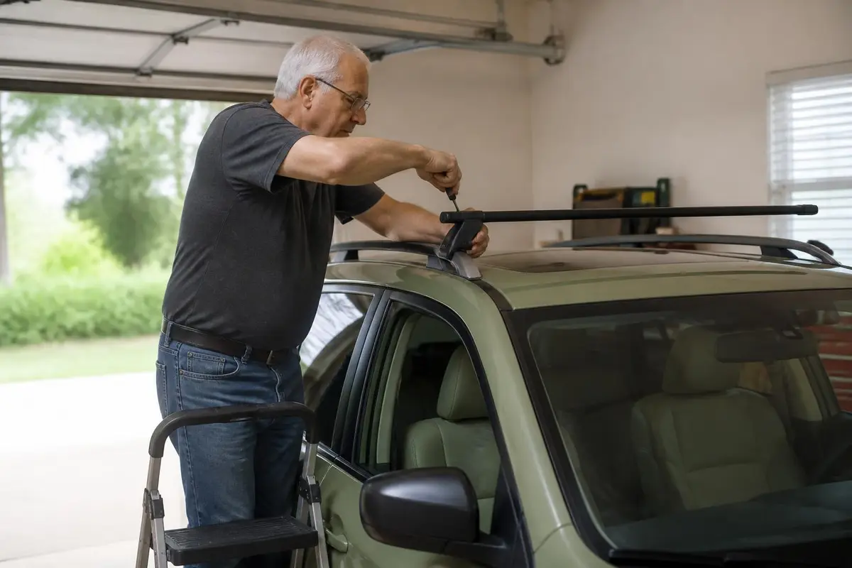Man fixing a rack foot to a roof track