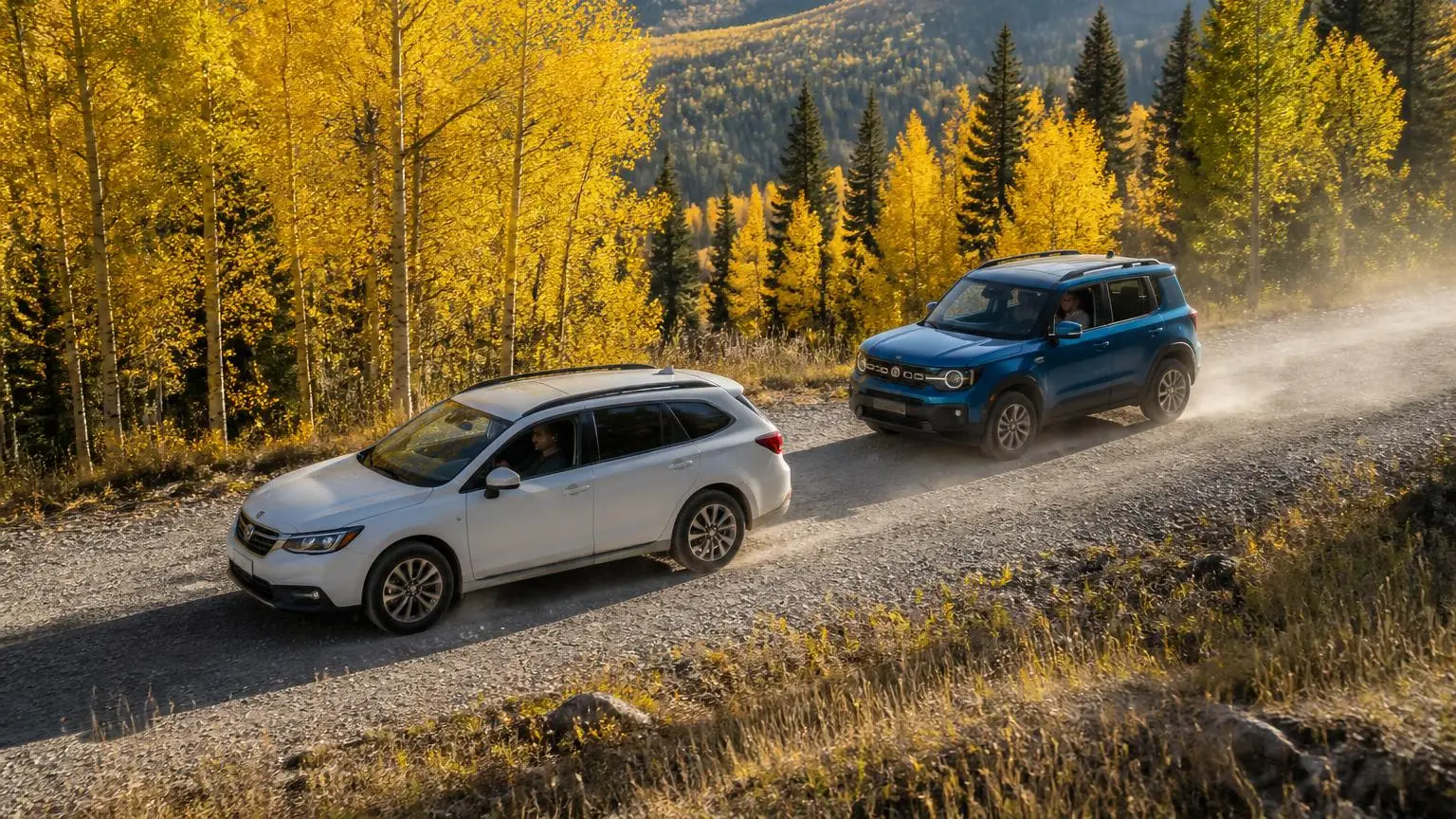 Two crossover wagons driving a gravel mountain road in autumn