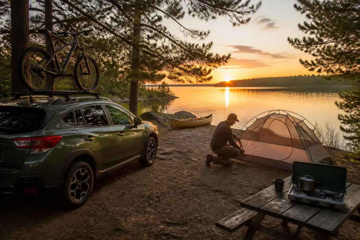 Crossover with a bike rack at a lakeside campsite
