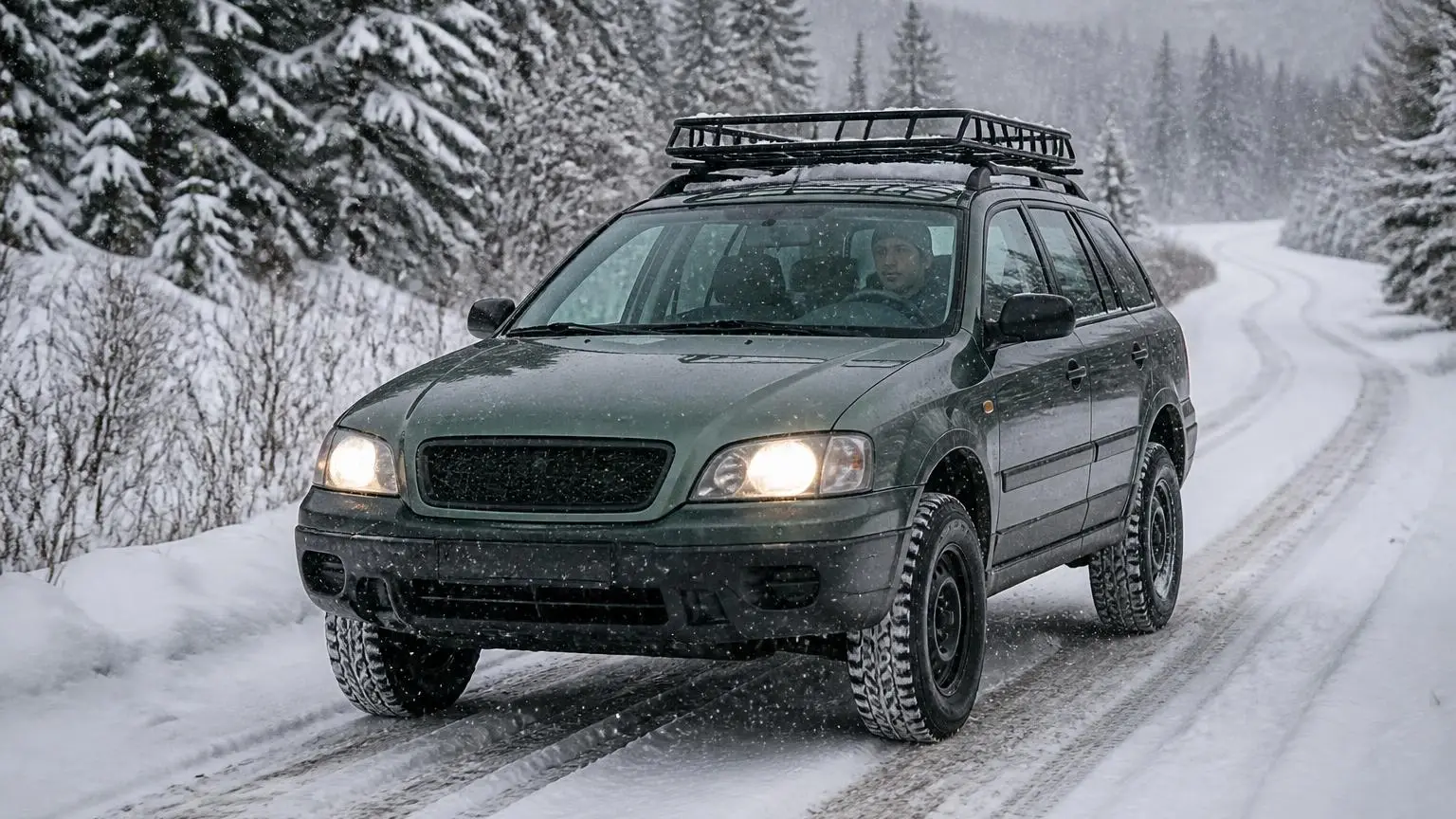 Crossover wagon on a snowy forest road
